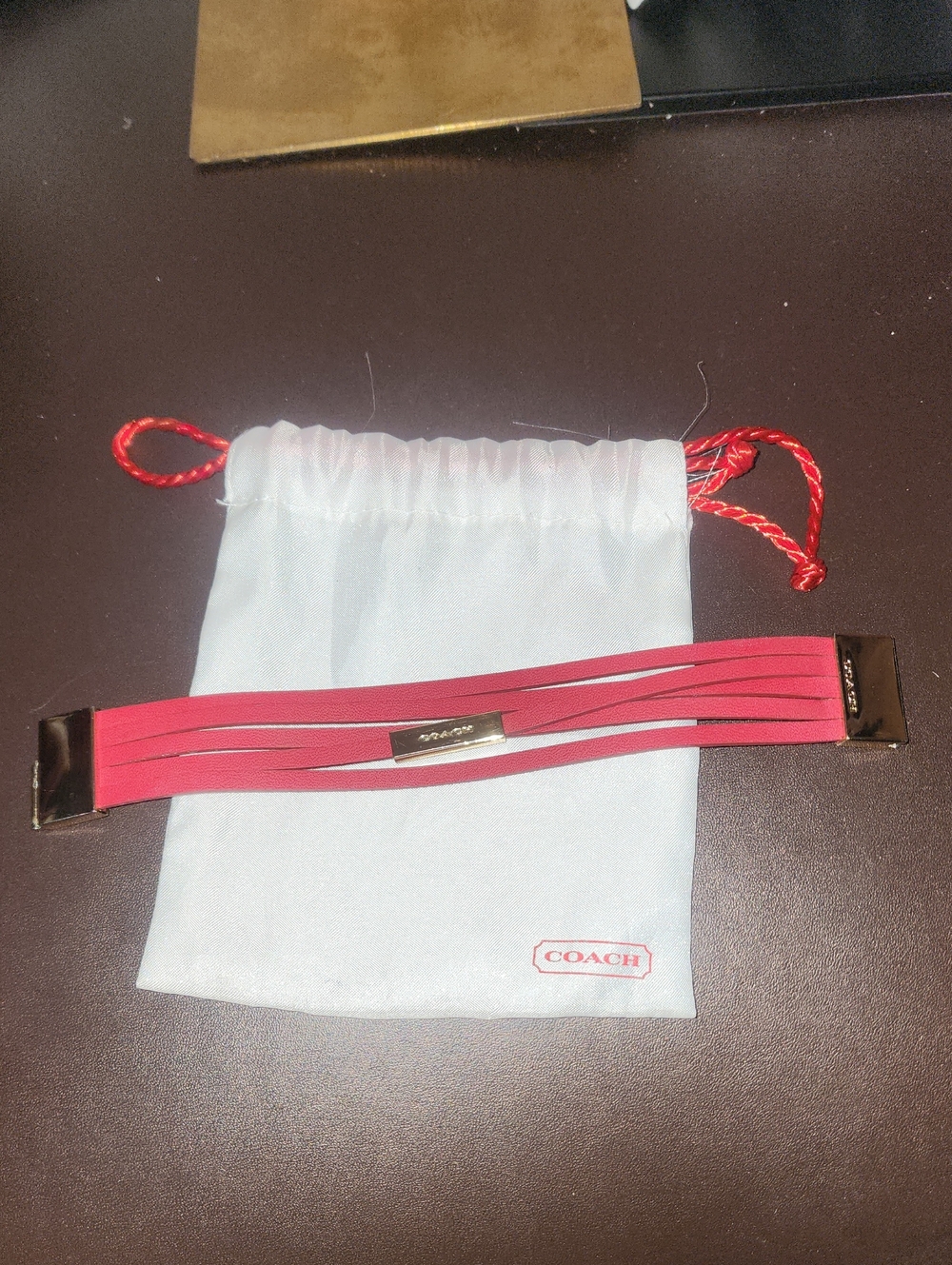 Coach Red Multi-Strap Leather Bracelet with Gold Hardware Euc
